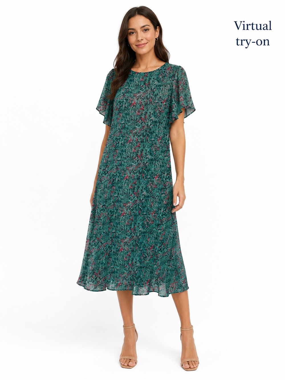 Green Floral Midi Dress with Flutter Sleeves Size S